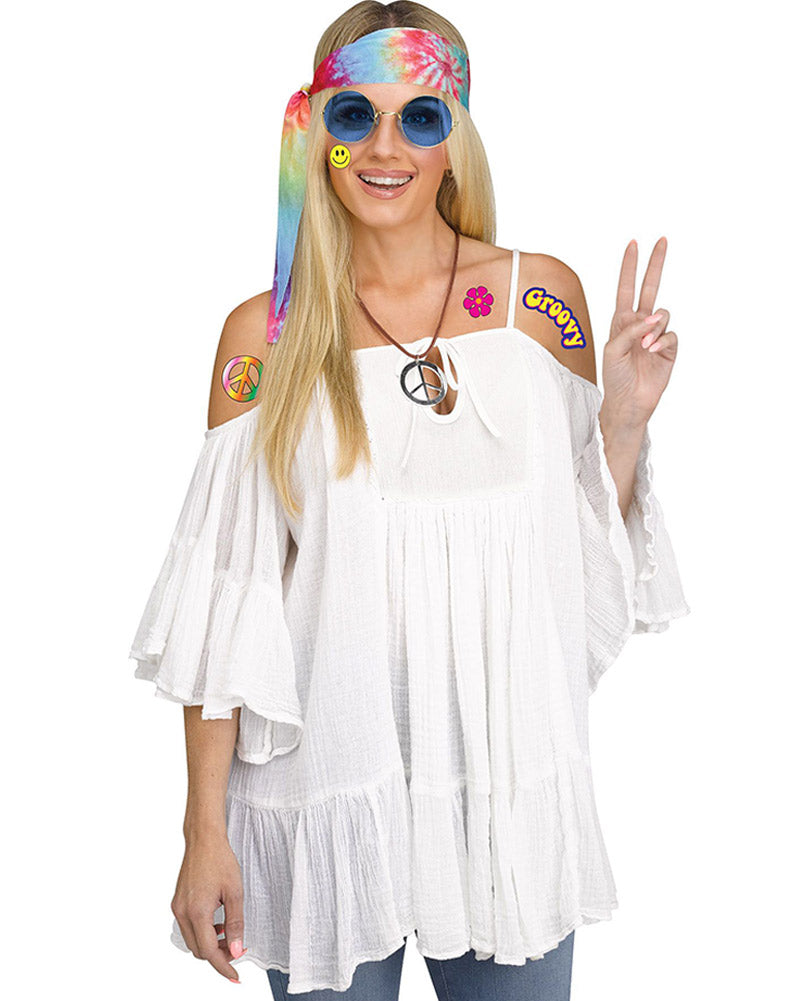 60s Hippie Headband, Glasses, Tattoos & Necklace Set - Vintage 1960s Costume Accessories for Halloween, Theme Parties and Music Festivals