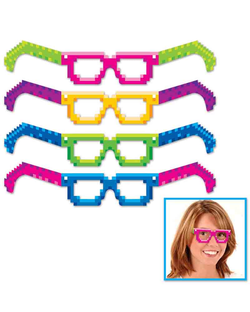 Retro 80s 8-Bit Video Game Glasses - Pack of 4 - Fun Nostalgic Costume Accessories for Cosplay, Halloween, and Gaming Parties