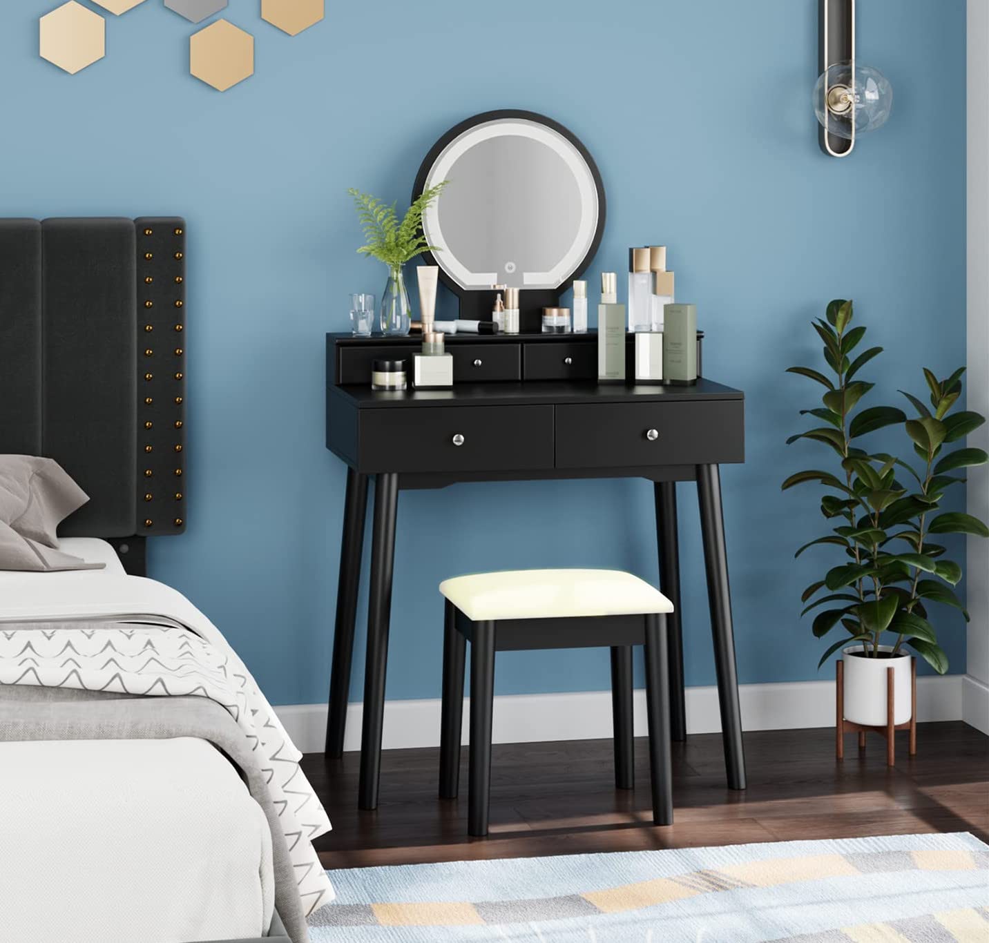 HIFIT Vanity Desk with LED Lighted Mirror & Soft Cushioned Stool - 6-Drawer Makeup Dressing Table with Touch Screen Dimming & 3-Color Lighting (Black/Beige) - Perfect for Bedroom, Dorm Room & Beauty Salon Makeup Stations