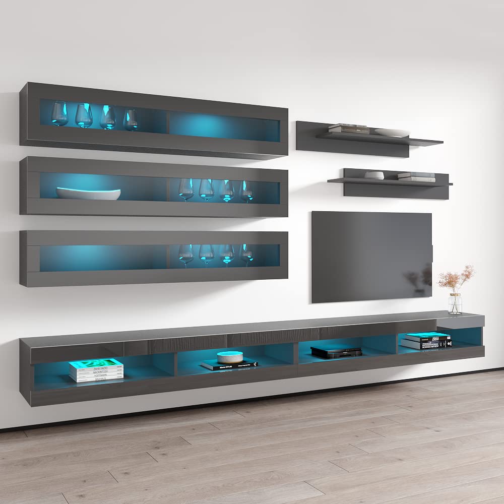 Modern Gray Wall-Mounted TV Stand with Storage Shelves & LED Lights - Floating Entertainment Center Console for Living Room & Bedroom - Meble Furniture Fly J2 34TV Stand - Perfect for Small Spaces, Apartments and Home Theater Setups