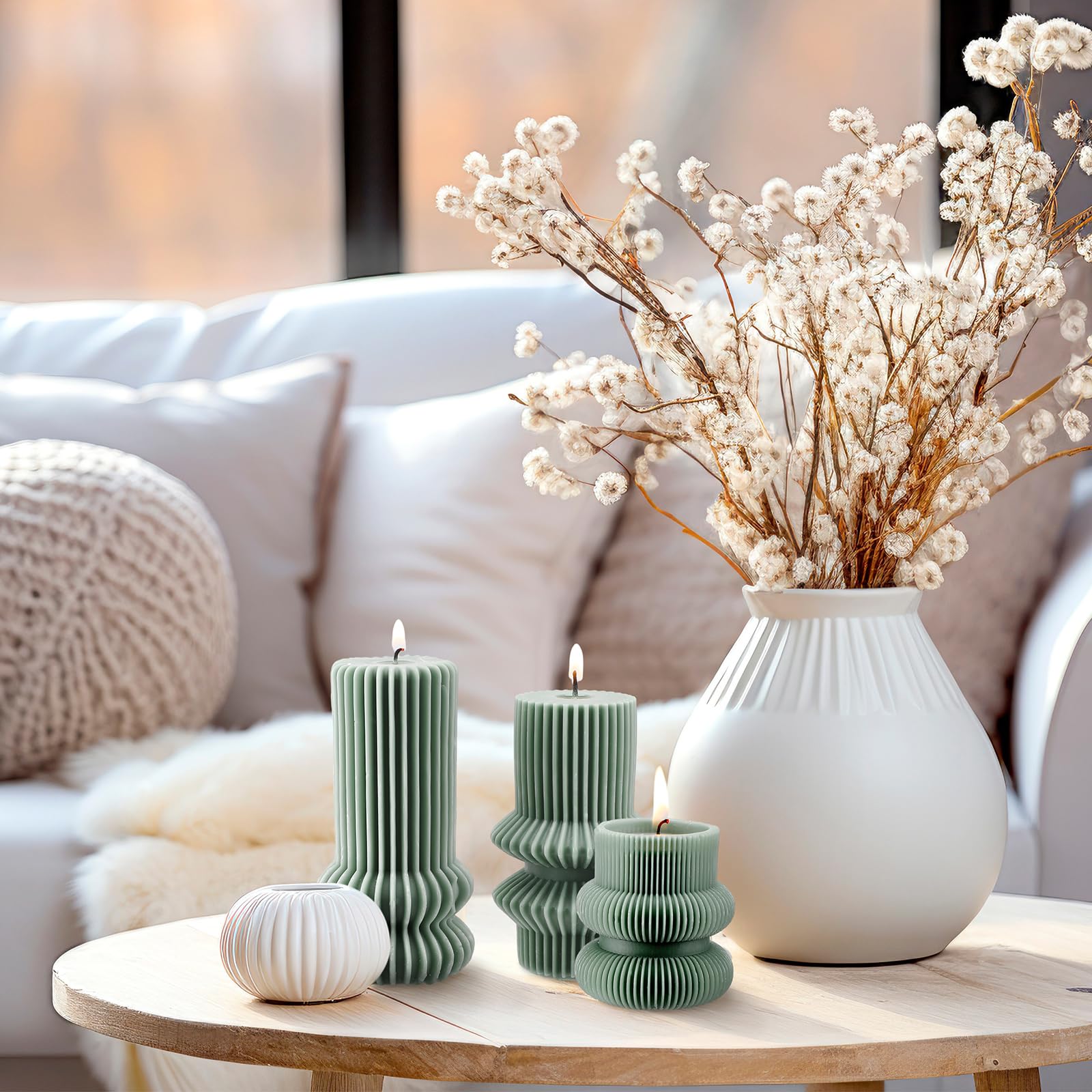 MTLEE 3-Pack Scented Soy Wax Pillar Candles - Ribbed Geometric Design, 4.7/4.2/3.2 Inch Height, Sage Scent - Modern Home Decor for Living Room, Bathroom, Wedding & Relaxation Aromatherapy