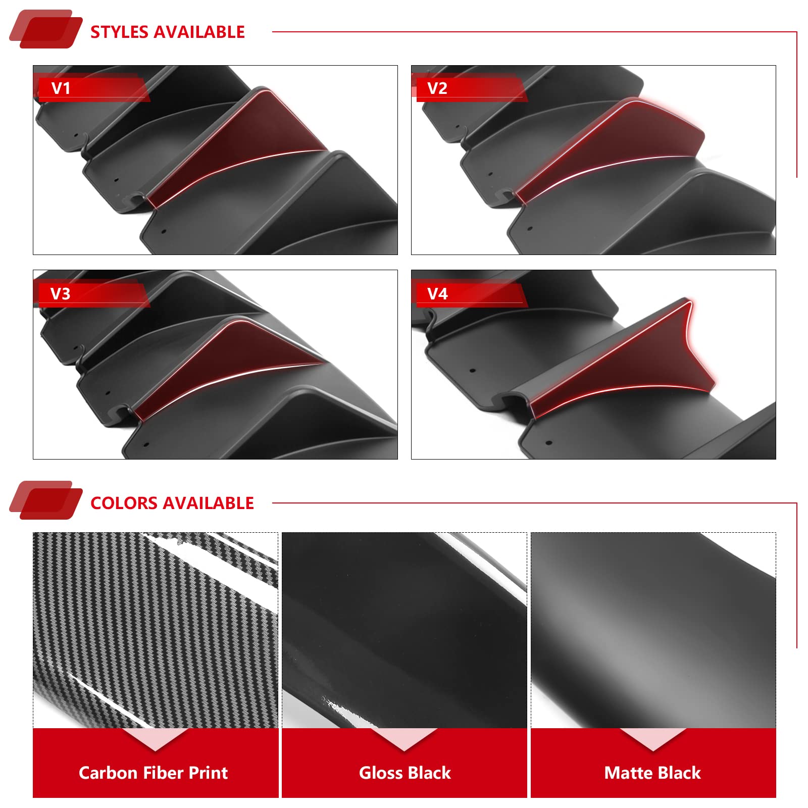 IKON MOTORSPORTS V4 Style Carbon Fiber Print Rear Diffuser for 2015-2023 Dodge Challenger | PP Bumper Lip Spoiler with Shark Fins | Aggressive Styling Upgrade for Street Racing & Car Shows
