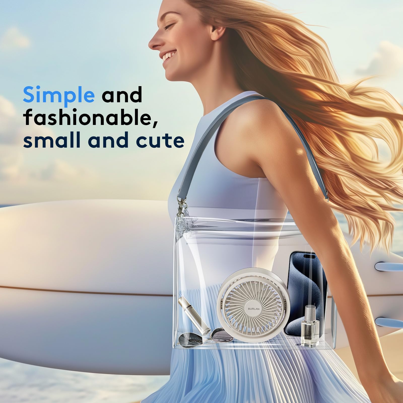 Portable Cordless Desk Fan with USB Rechargeable Battery - 70ft Strong Airflow, Quiet Operation, LED Light & 360° Rotation - Perfect for Bedroom, Home Office, Outdoor & Travel Use (White)