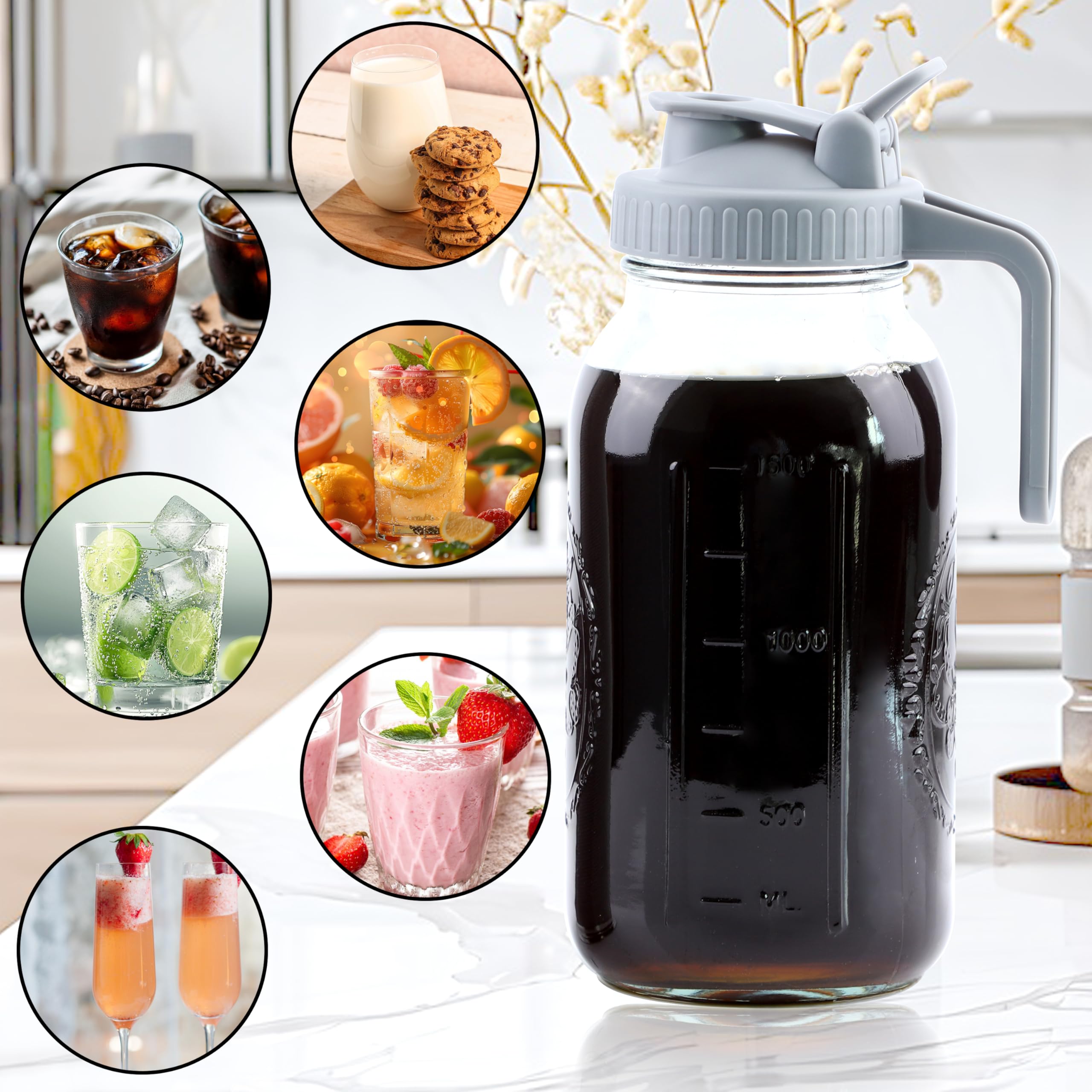 Premium 64 Oz Cold Brew Coffee Maker Set - 2 Half Gallon Wide Mouth Glass Pitchers with Stainless Steel Strainer & Spout Lids - Perfect for Iced Coffee, Tea, Lemonade, and Refrigerator Storage - Ideal for Home, Office, and Outdoor Use
