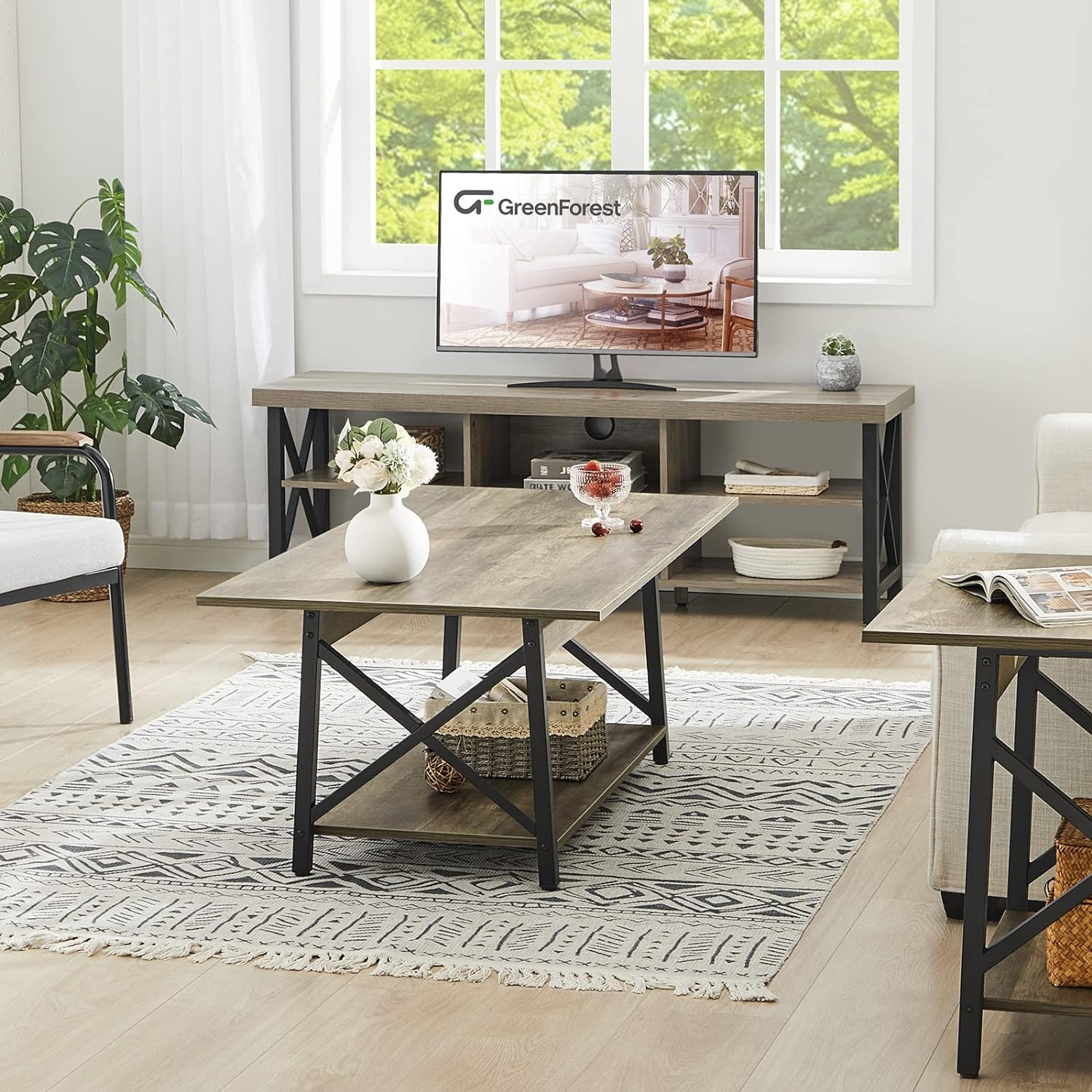 Modern Grey Wash Coffee Table with Storage - X-Frame Design for Small Living Rooms