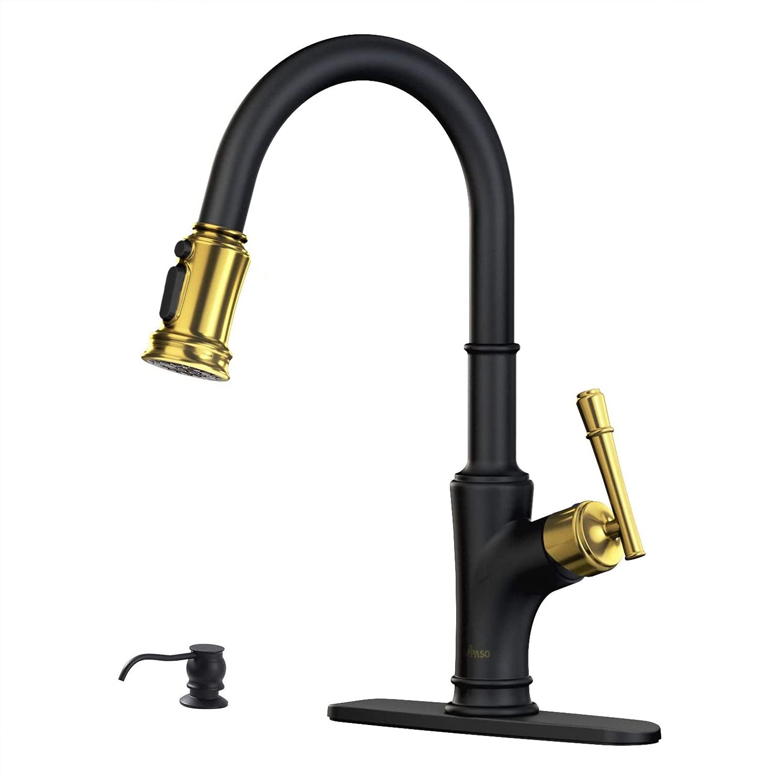 **APPASO Black and Gold Kitchen Faucet with Pull Down Sprayer & Soap Dispenser - Solid Brass Single Handle High Arc Pull Out Sink Faucet for Modern Kitchens (Black Gold, 135BBNG) - Perfect for Cooking, Washing Dishes & Stylish Home Decor**