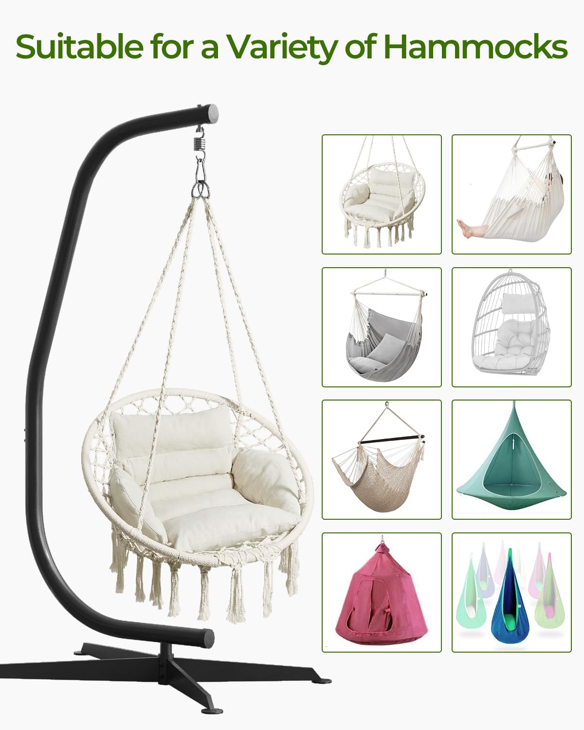 GREENSTELL Hammock Swing Stand - Heavy Duty C-Stand with Buckle & Spring Hook for Indoor/Outdoor Use - 330lbs Weight Capacity - Perfect for Backyard, Patio, Garden Relaxation