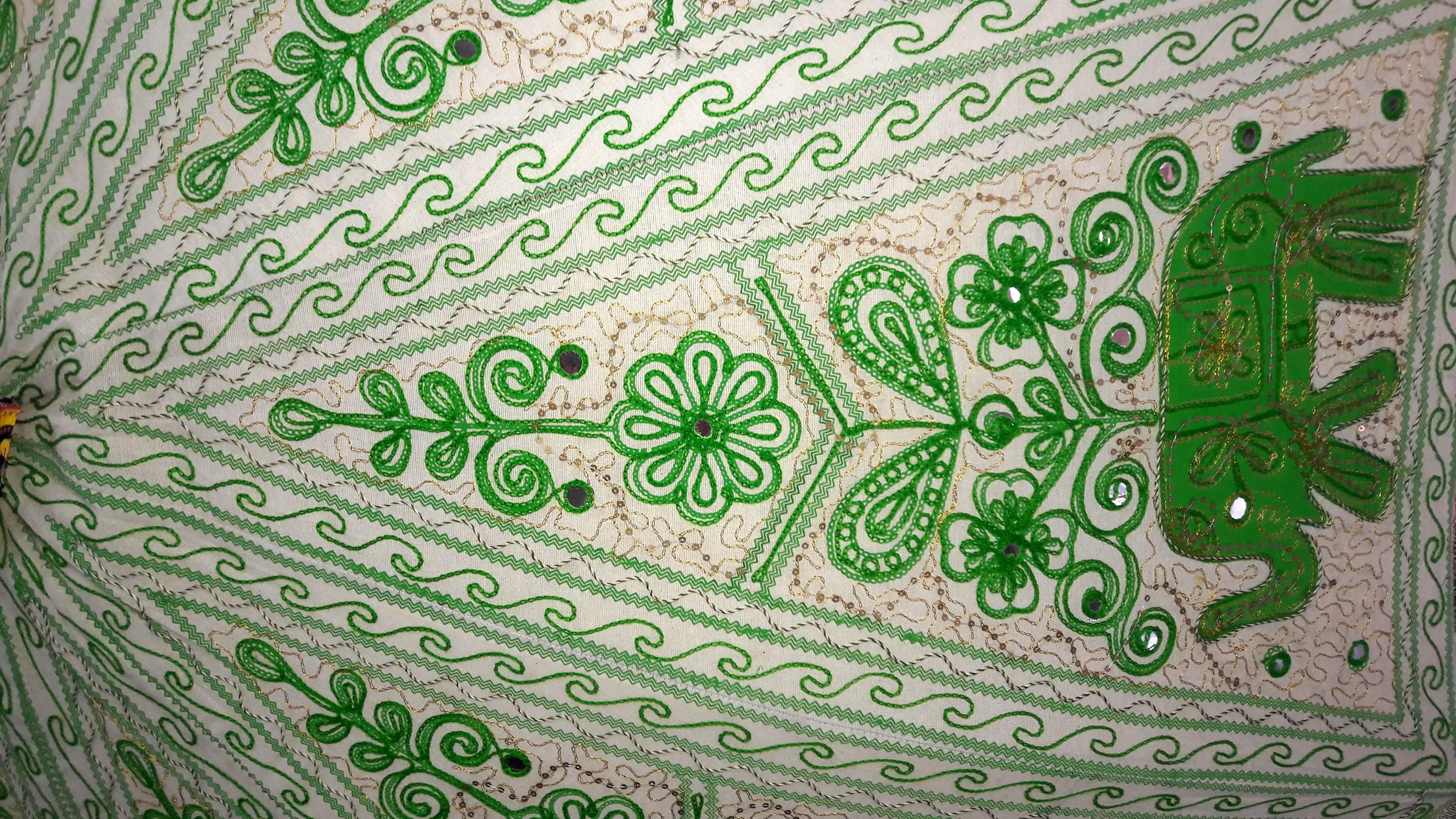 Handmade Indian Elephant Boho Umbrella - Cotton Embroidery UV Protection Sun Parasol for Beach, Wedding & Bohemian Decor | Hippie Gypsy Style Green Elephant Design | Perfect for Outdoor Festivals, Garden Parties & Tropical Vacations