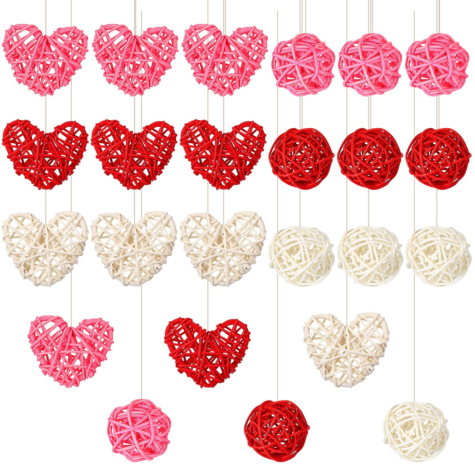 24-Piece Valentine's Day Wicker Rattan Ball Set - 12 Heart-Shaped & 12 Round Rattan Balls for DIY Crafts, Christmas Tree Decorations, Wedding & Home Party Decor in Pink, Red & White