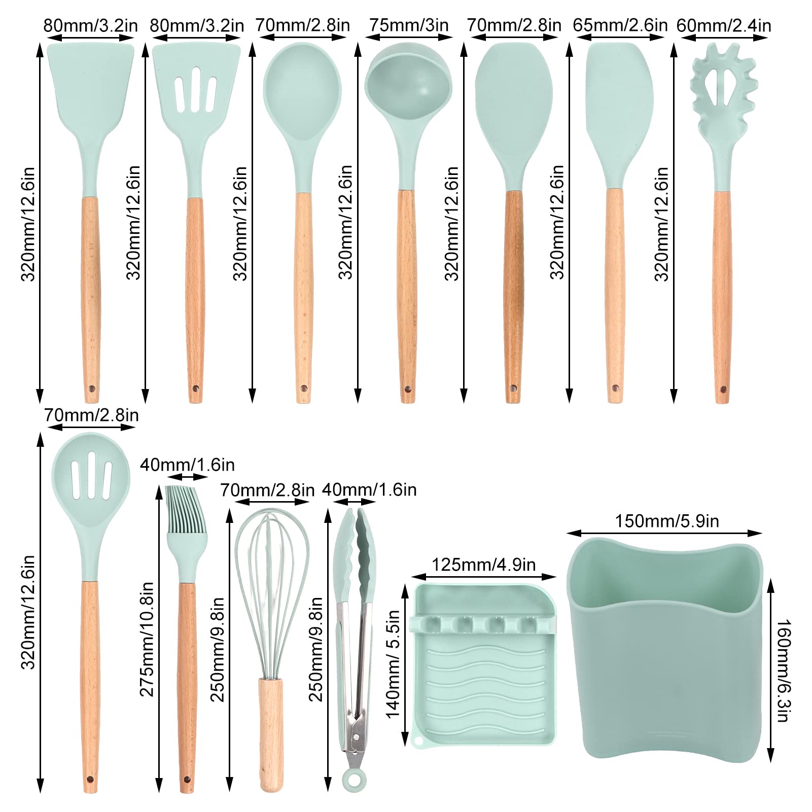 13-Piece Silicone Cooking Utensil Set with Wooden Handles & Holder - Safe for Nonstick Cookware, Heat Resistant Kitchen Tools for Baking, Frying & Everyday Cooking