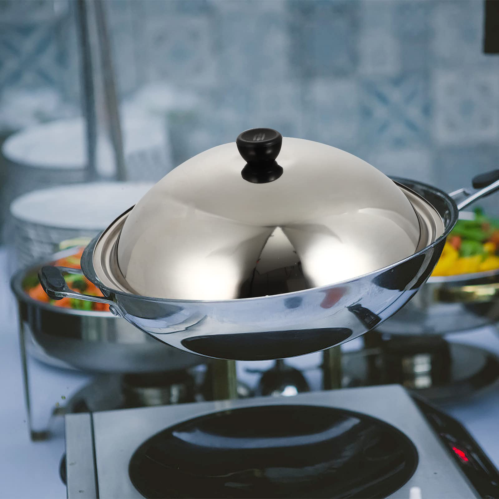 Stainless Steel Wok Lid with Round Knob - 13.7 Inch Replacement Pot Cover for Cooking Pans & Skillets | Durable Cookware Accessory for Stir-Fry, Steaming & Simmering