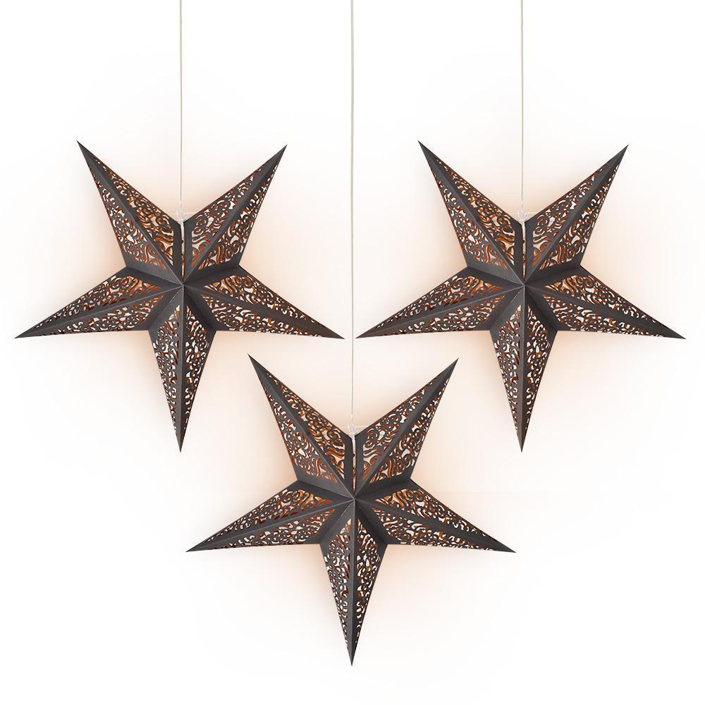 3 Pack 24 Inch Black & Gold Moroccan Glitter Paper Star Lanterns - LED Bulbs & Lamp Cord Included - Perfect for Bedroom, Party & Festival Decorations