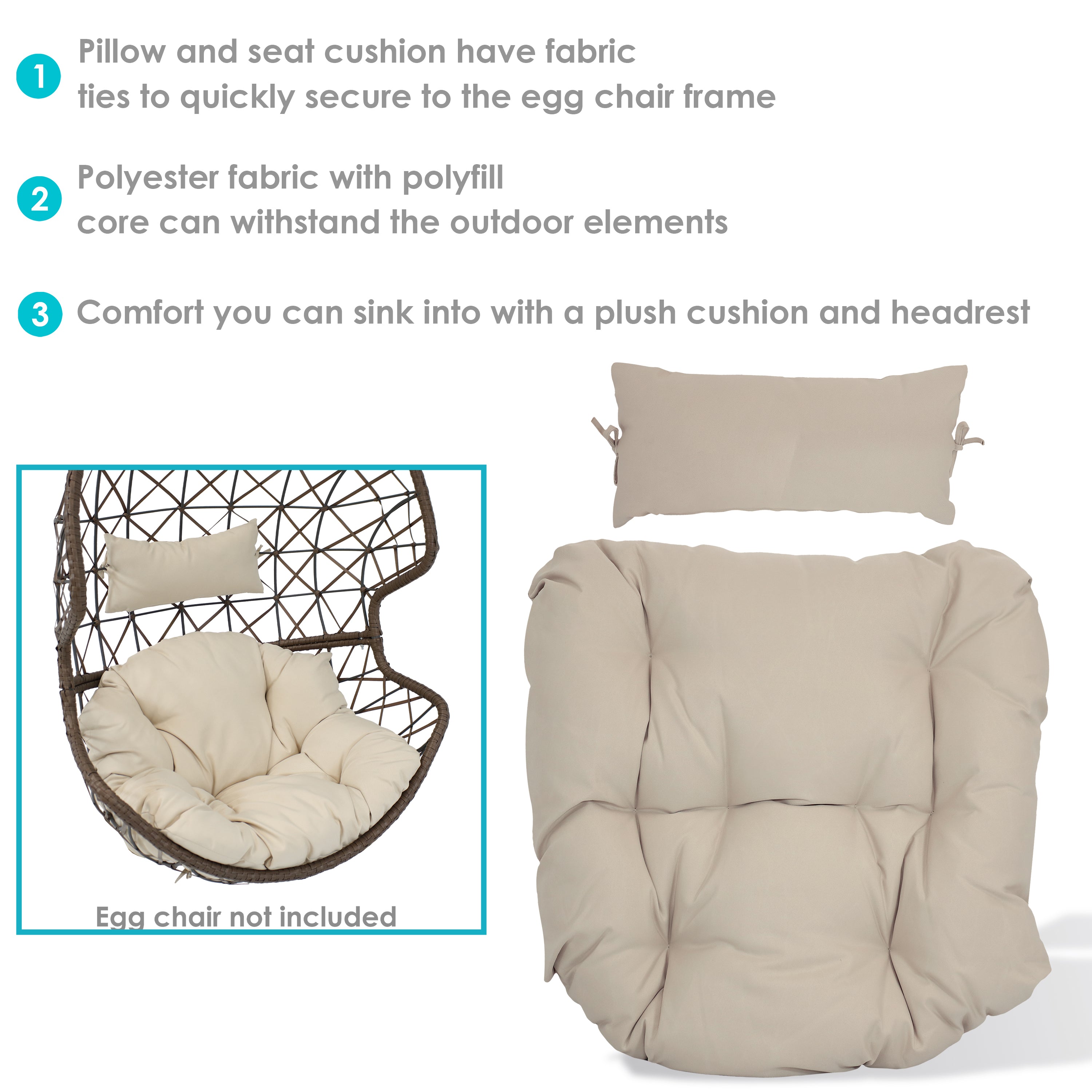 Sunnydaze Replacement Seat Cushion & Headrest Pillow for Danielle Egg Chair - Outdoor Patio Furniture Accessory for Garden, Poolside & Backyard Relaxation