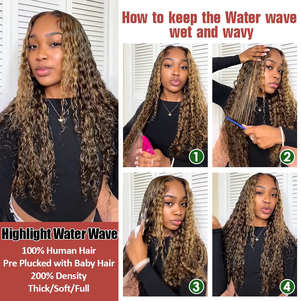 Azibo Honey Blonde HD Lace Front Wig 200% Density Human Hair - 26 Inch Water Wave Ombre 4/27 Highlight 13x5 Full Lace Wig Pre-Plucked for Natural Look | Perfect for Daily Wear, Cosplay, and Special Occasions