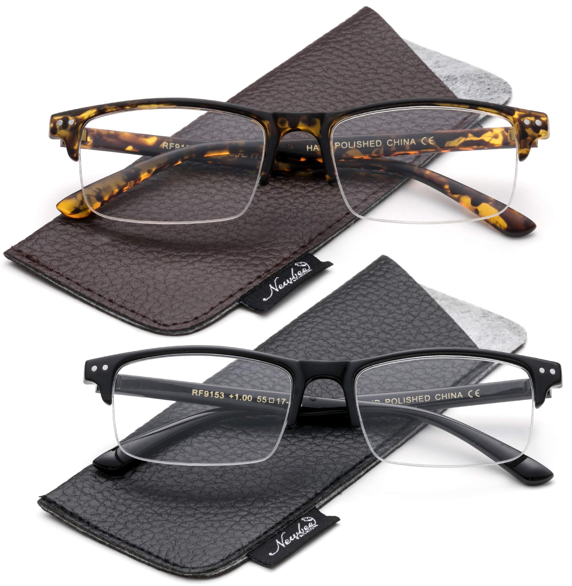 2 Packs Fashionable Semi-Rimless Reading Glasses for Women & Men - Lightweight Wide Frame Readers with Storage Pouch - Perfect for Reading, Computer Use, and Daily Wear
