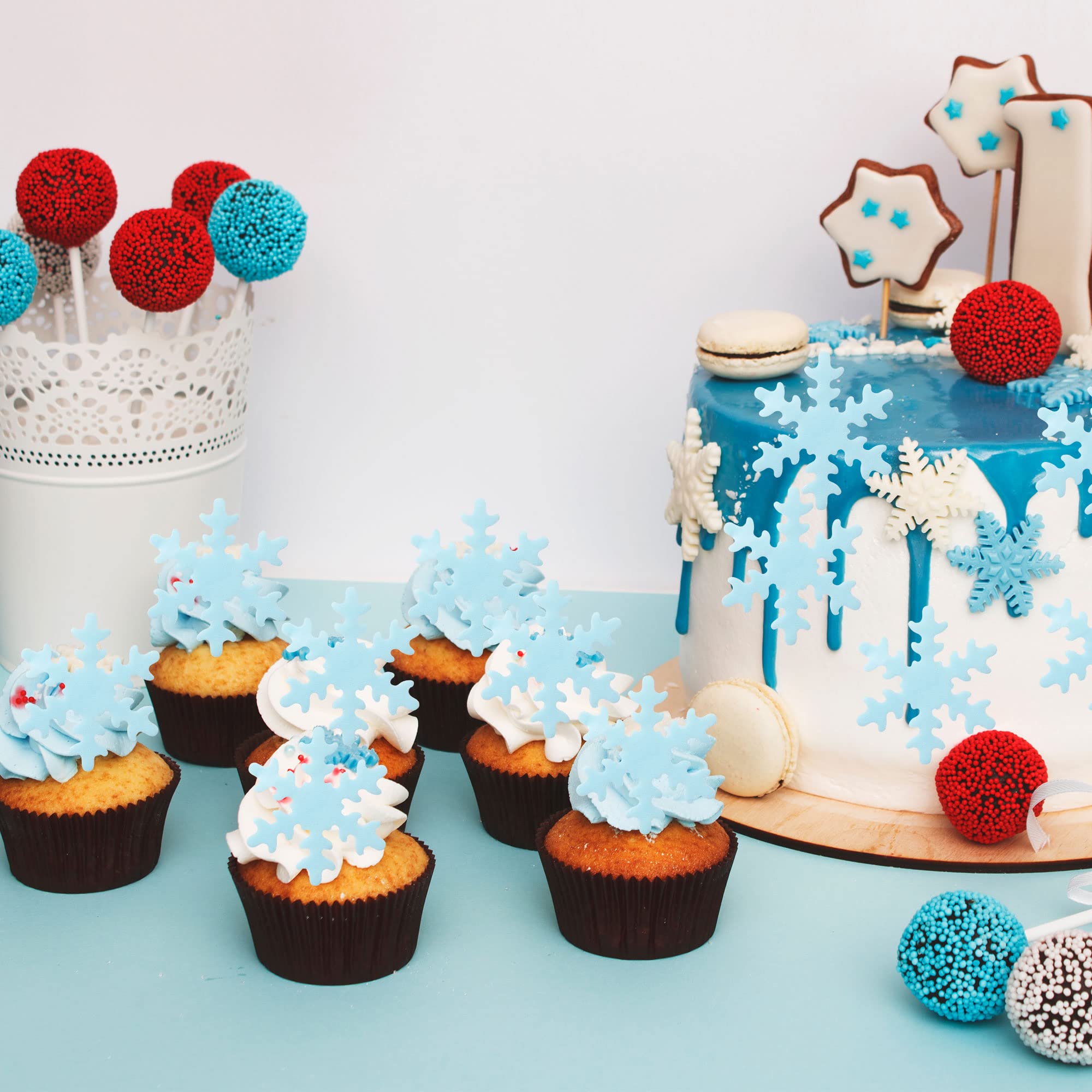 50Pcs Edible Snowflake Cupcake Toppers - Blue Winter Cake Decorations for Christmas, Frozen Theme Parties & Holiday Baking (Perfect for DIY Desserts, Birthday Cakes & Seasonal Treats)