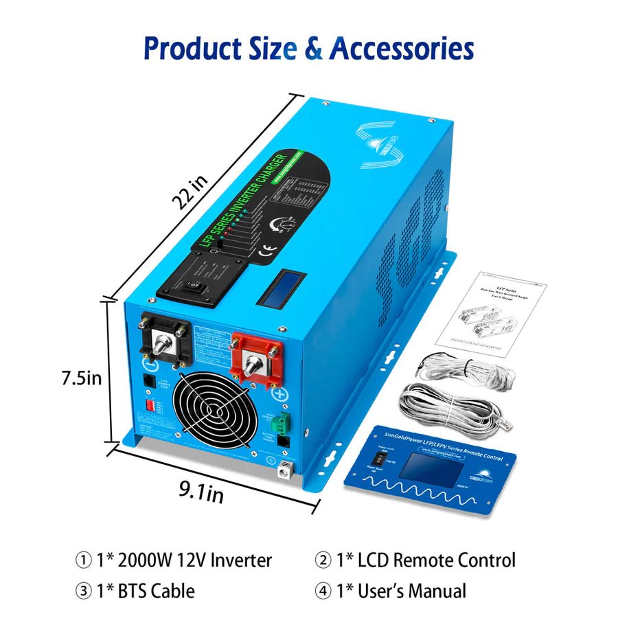 SunGoldPower 2000W 12V Pure Sine Wave Power Inverter with Built-in Charger - Perfect for RVs, Boats, Camping & Off-Grid Power Solutions