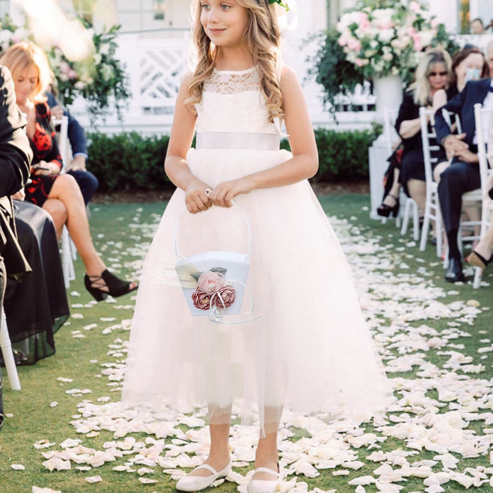 Ivory Satin Wedding Basket & Pillow Set - Flower Girl & Ring Bearer Accessories for Rustic Ceremonies