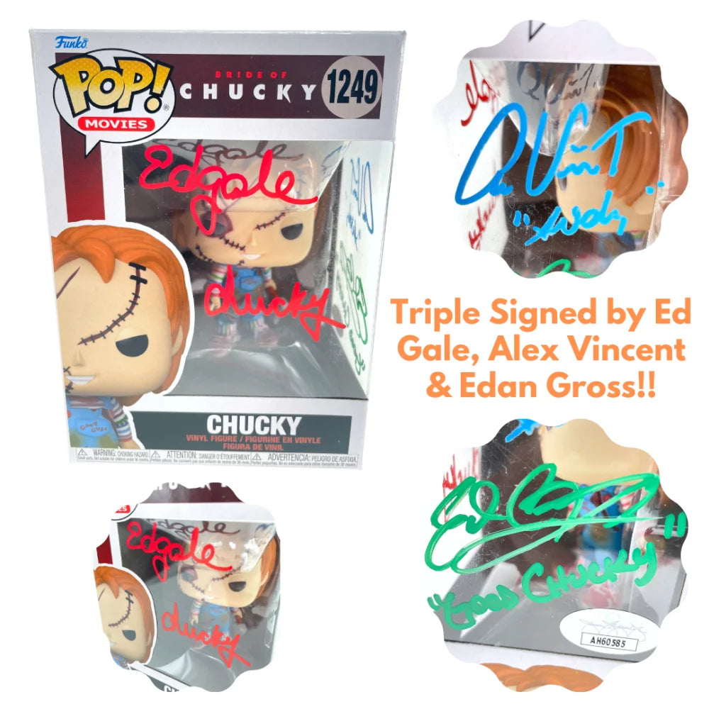 Chucky Funko Pop #1249 Signed by Ed Gale, Alex Vincent & Edan Gross - JSA COA Authenticated - Horror Movie Collectible for Fans & Display
