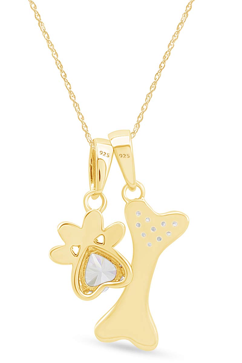 Personalized Engraved Simulated Birthstone & Diamond Accent Paw Print Dog Bone Charm Pendant Necklace - 14k Yellow Gold Over Sterling Silver - Perfect Gift for Pet Lovers & Dog Moms