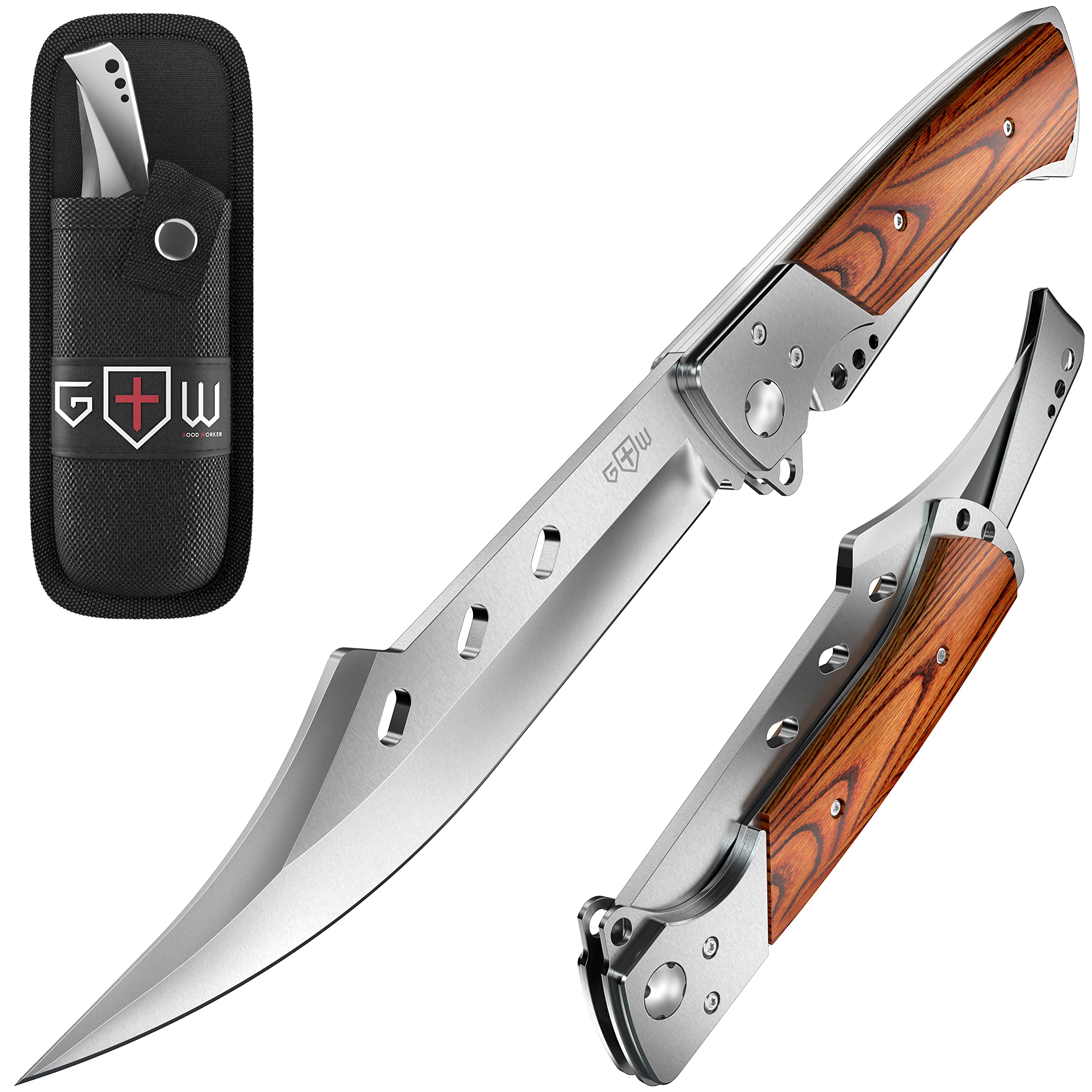Grand Way Long Blade Folding Knife - Sharp Tactical Survival Knife for Hunting, Hiking & Camping - Rosewood Handle Foldable Large Knife for Men & Women - Perfect for Outdoor Adventures, Survival Kits & Gift Giving (Model 4172)