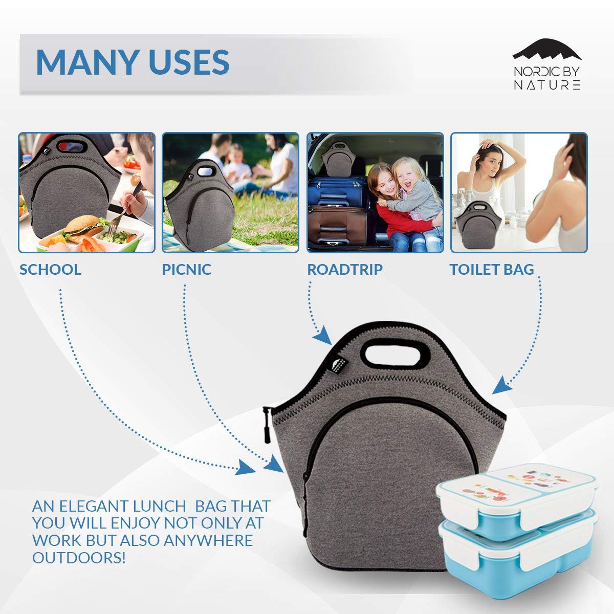 Premium Insulated Lunch Bag for Women & Kids - Large Neoprene Lunch Tote with Soft Cotton Feel, Reusable & Washable, Thick Insulation, Durable Stitching, Outside Pocket (Grey/Black) - Perfect for School, Work, Picnics & Outdoor Activities