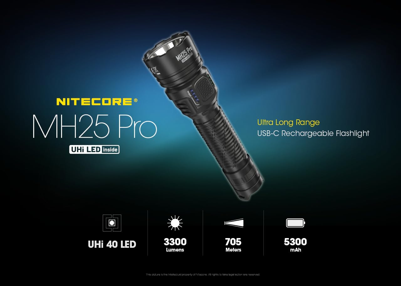 Nitecore MH25 Pro 770 Yard Long Throw Flashlight - 3300 Lumen USB-C Rechargeable Compact Duty Work Light with Lumentac Organizer | Tactical, Outdoor, Emergency, Camping, Hiking, Hunting, and Security Use