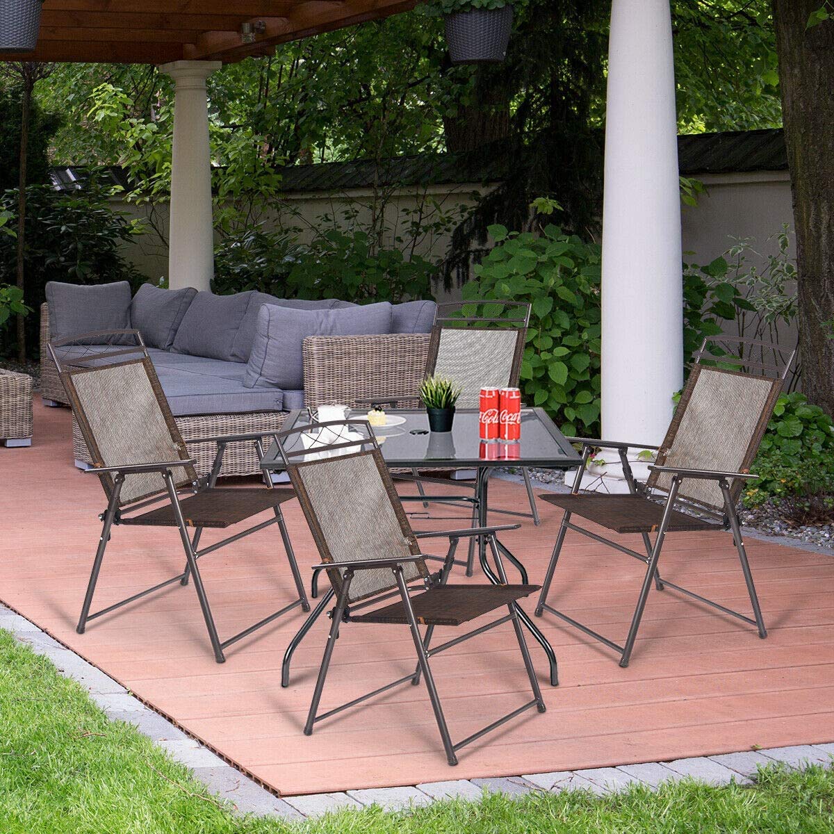 ARLIME 4-Pack Folding Steel Chairs with Armrest & Footrest - Portable Indoor Outdoor Sling Chairs for Patio, Camping, Deck, Garden, Pool & Backyard Use - Heavy Duty Durable Dining Chairs for Home & Commercial Settings