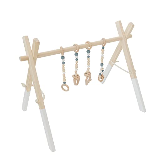 **Poppyseed Play Wooden Baby Play Gym - Foldable Frame with Hanging Bar, Cotton Cord & Wooden Bead Toys - Gender Neutral Activity Set for Infants - Easy Assembly (White Wood, Gray Toys) - Perfect for Tummy Time & Sensory Play**