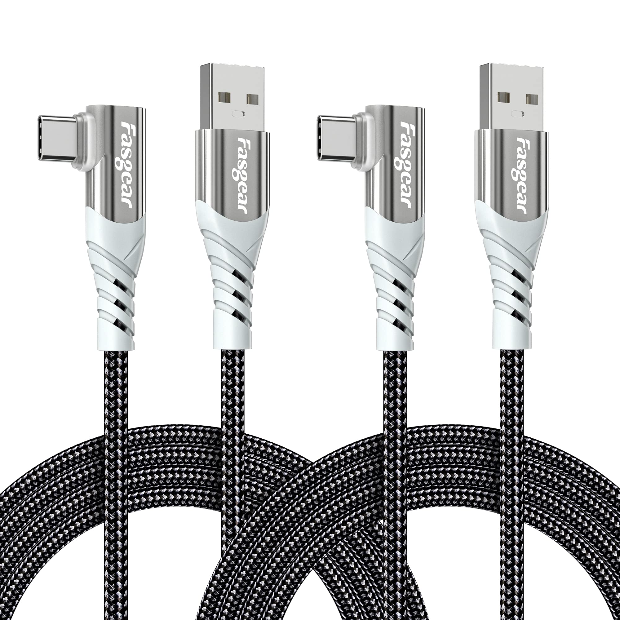 Fasgear 2-Pack 6ft USB C to USB A Cable, 3A Fast Charging Braided Nylon Cord with Right Angle Connector - Compatible with Samsung S21/Galaxy Z Fold 4/Moto Z2/LG V50 G8/PS5 Controller/USB-C Phones (Black) - Perfect for Home, Office & Travel Charging Solutions