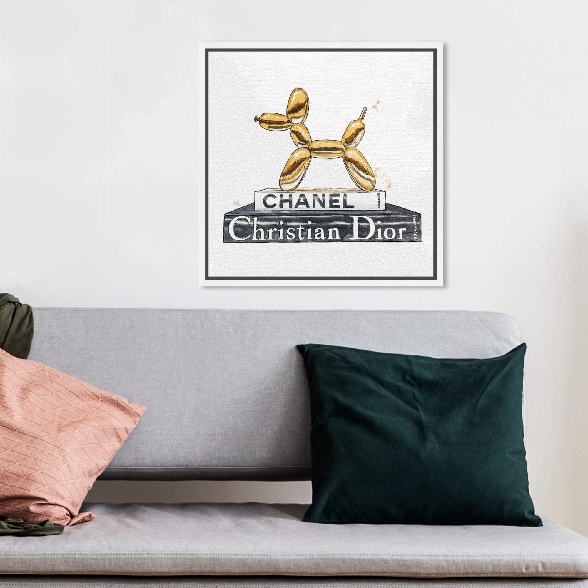 Oliver Gal Artist Co. Balloon Dog Library Framed Wall Art - 12x12 Inch Fashion Glam Canvas Prints in Gold & Gray - Perfect for Bookshelf Decor, Living Room, Office & Home Décor