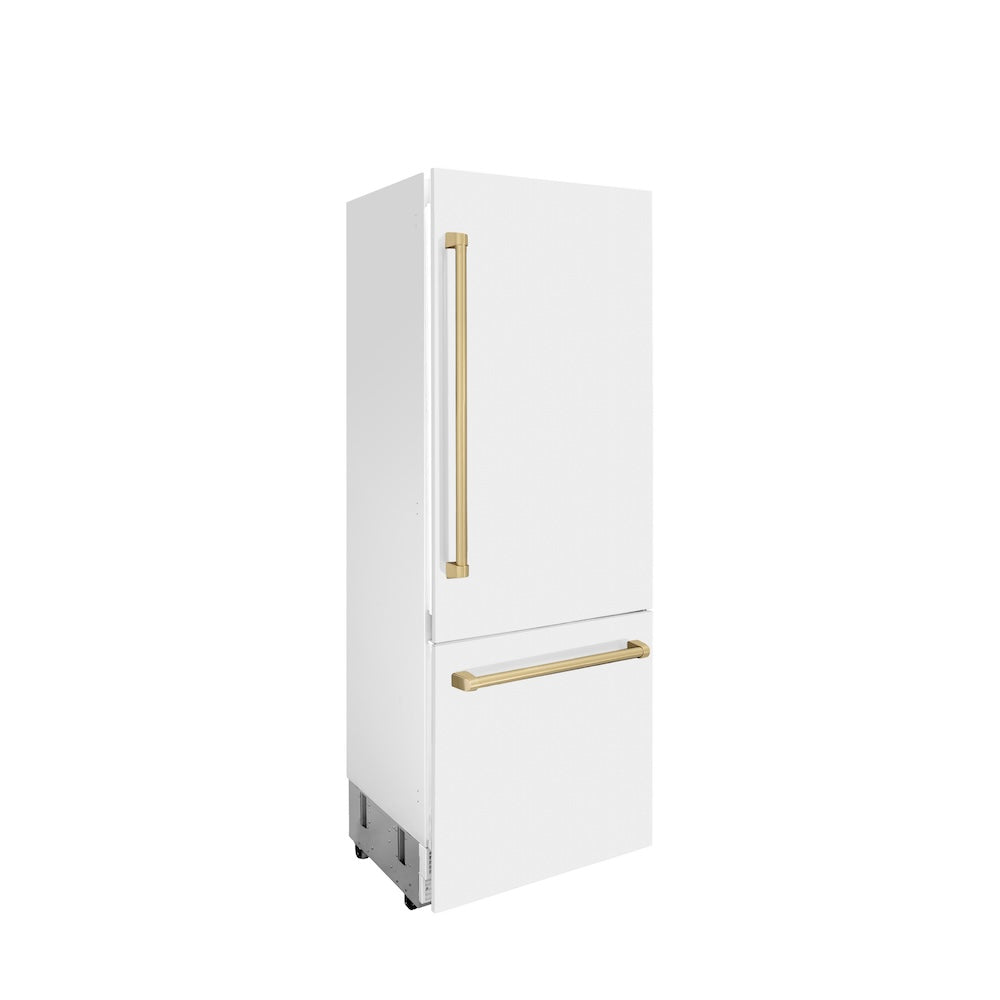 ZLINE Autograph Edition 30-inch 16.1 cu ft Built-In Bottom Freezer Refrigerator with Water Dispenser & Ice Maker - White Matte with Champagne Bronze Accents (RBIVZ WM 30 CB) | Premium Kitchen Appliance for Modern Homes & Restaurants