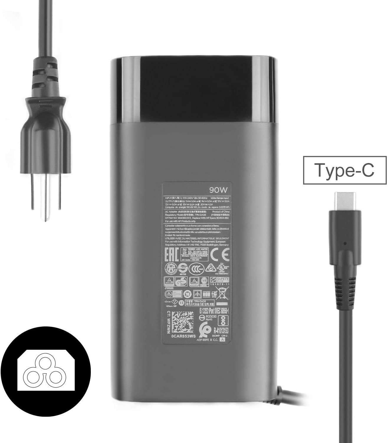 Original New 20V 4.5A 90W USB-C Fast Charger for HP Laptops - Compatible with TPN-DA08, 904082-003, 904144-850, ADP-90FE Models - Type C AC Power Adapter for Home, Office & Travel Use