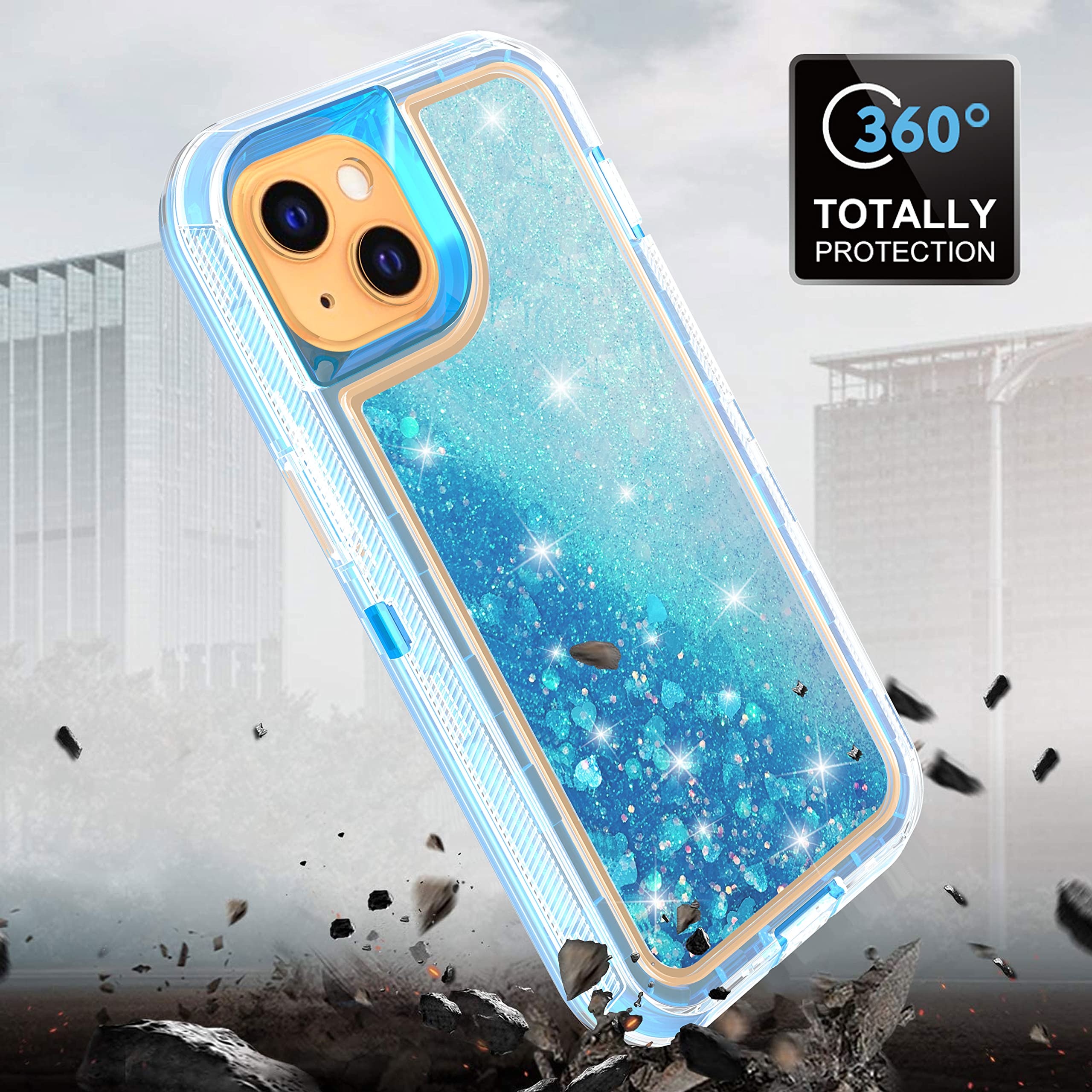 Premium Shockproof Hybrid Quicksand Glitter Case for iPhone 13 Mini (5.4 inch) - Slim Fit Hard PC + Soft TPU Bumper Cover - Blue | Perfect for Everyday Protection & Style