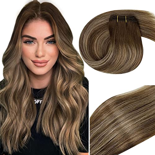 18 Inch Balayage Sew-in Weft Human Hair Extensions - Brown to Caramel Ombre Straight Remy Hair (100g) for Volume & Length - Perfect for Daily Styling, Parties & Special Occasions