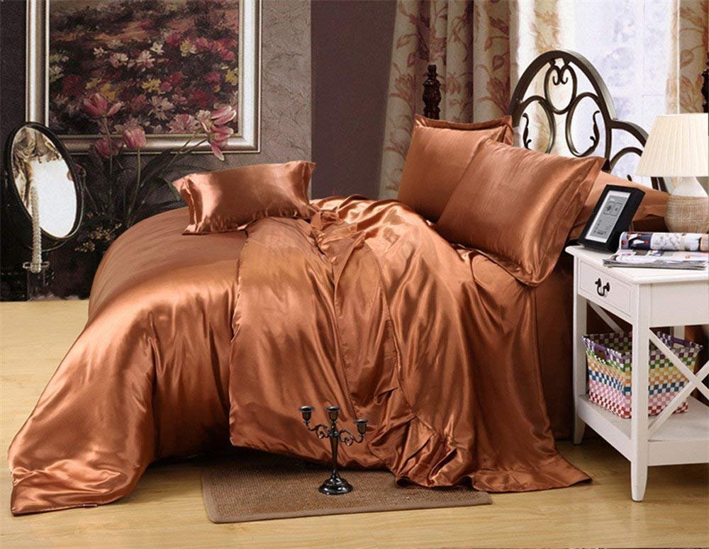 Brown Satin Sheet Set 4PC Queen Size - Luxury Bedding for Home & Hotel