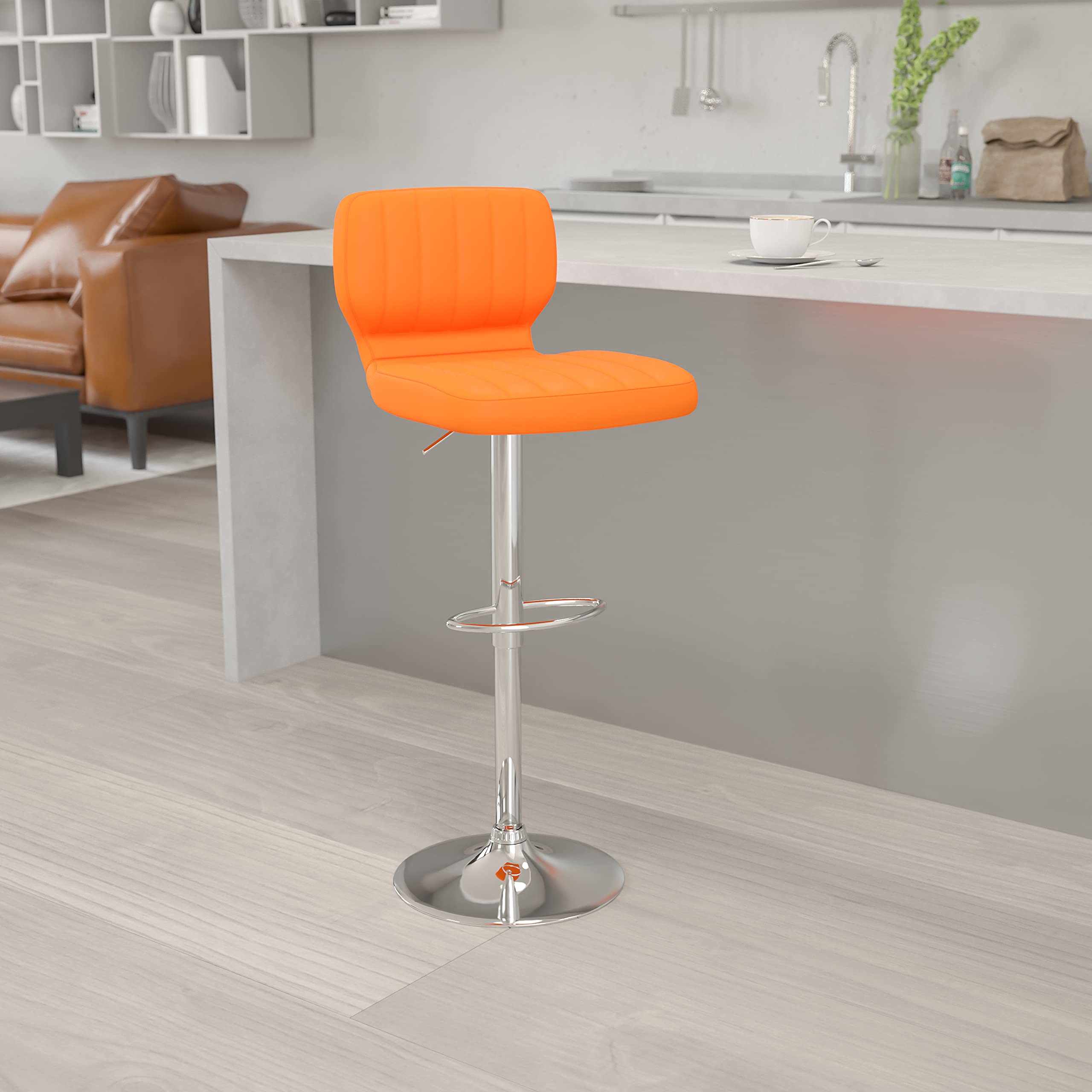 EMMA & OLIVER Adjustable Height Bar Stool - Orange Vinyl with Vertical Stitch Back - Perfect for Kitchen Islands, Breakfast Bars & Home Decor