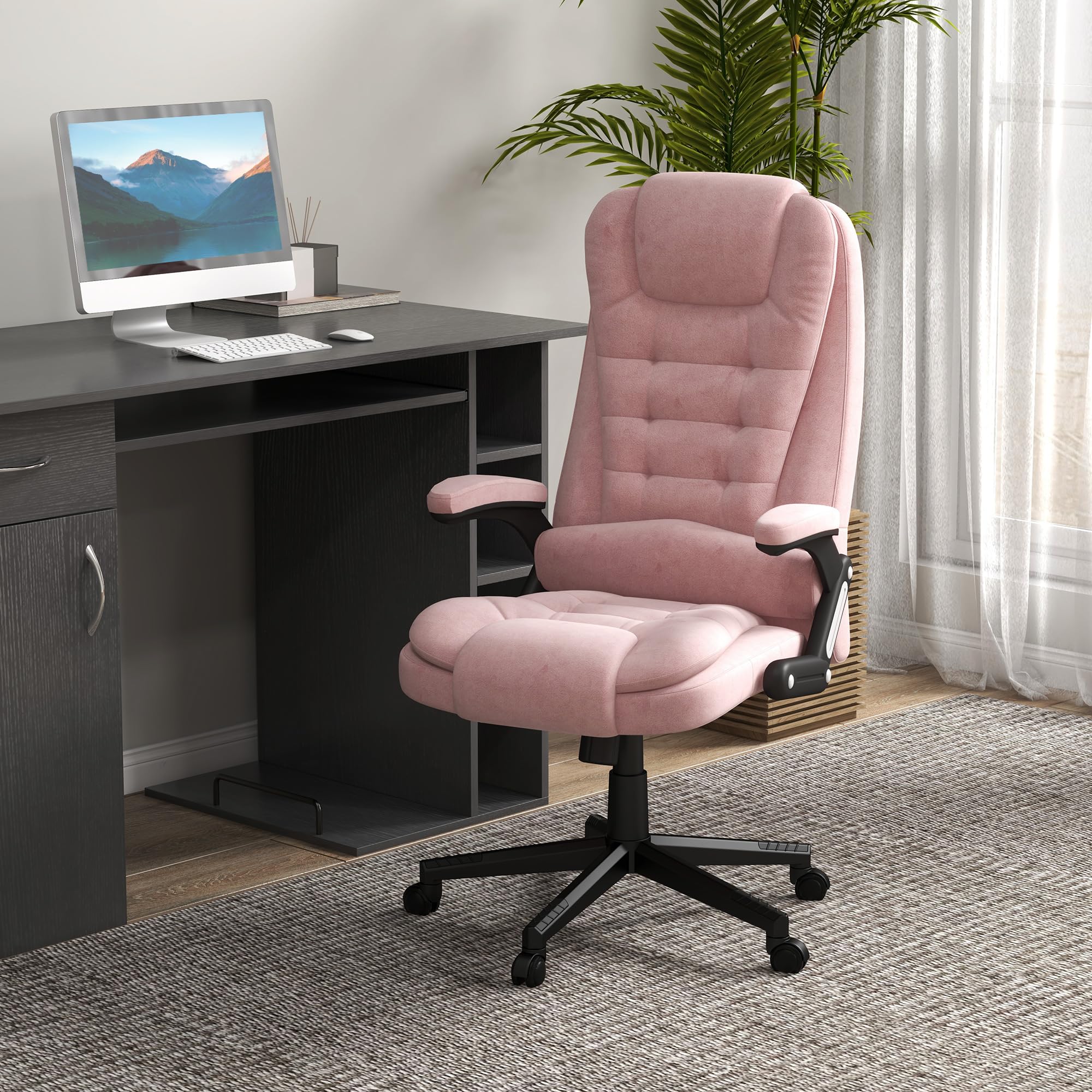 HOMCOM 6-Point Vibrating Massage Office Chair with Heat - Velvet High Back Executive Chair, Reclining Backrest & Padded Armrests - Remote Control - Pink - Perfect for Home Office, Gaming & Relaxation