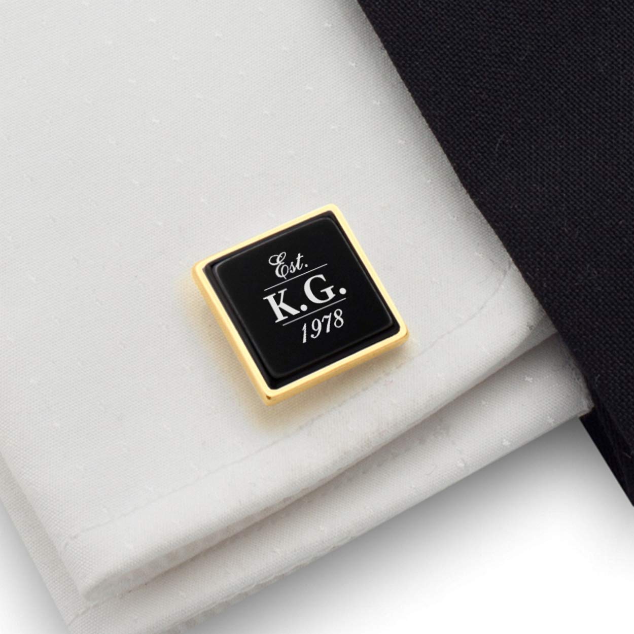 Personalized Initial Date Gold Cufflinks for Men - Custom Engraved Black & Gold Onyx Cufflinks - Unique Anniversary & Birthday Gifts for Husband - Perfect for Weddings, Promotions & Formal Events