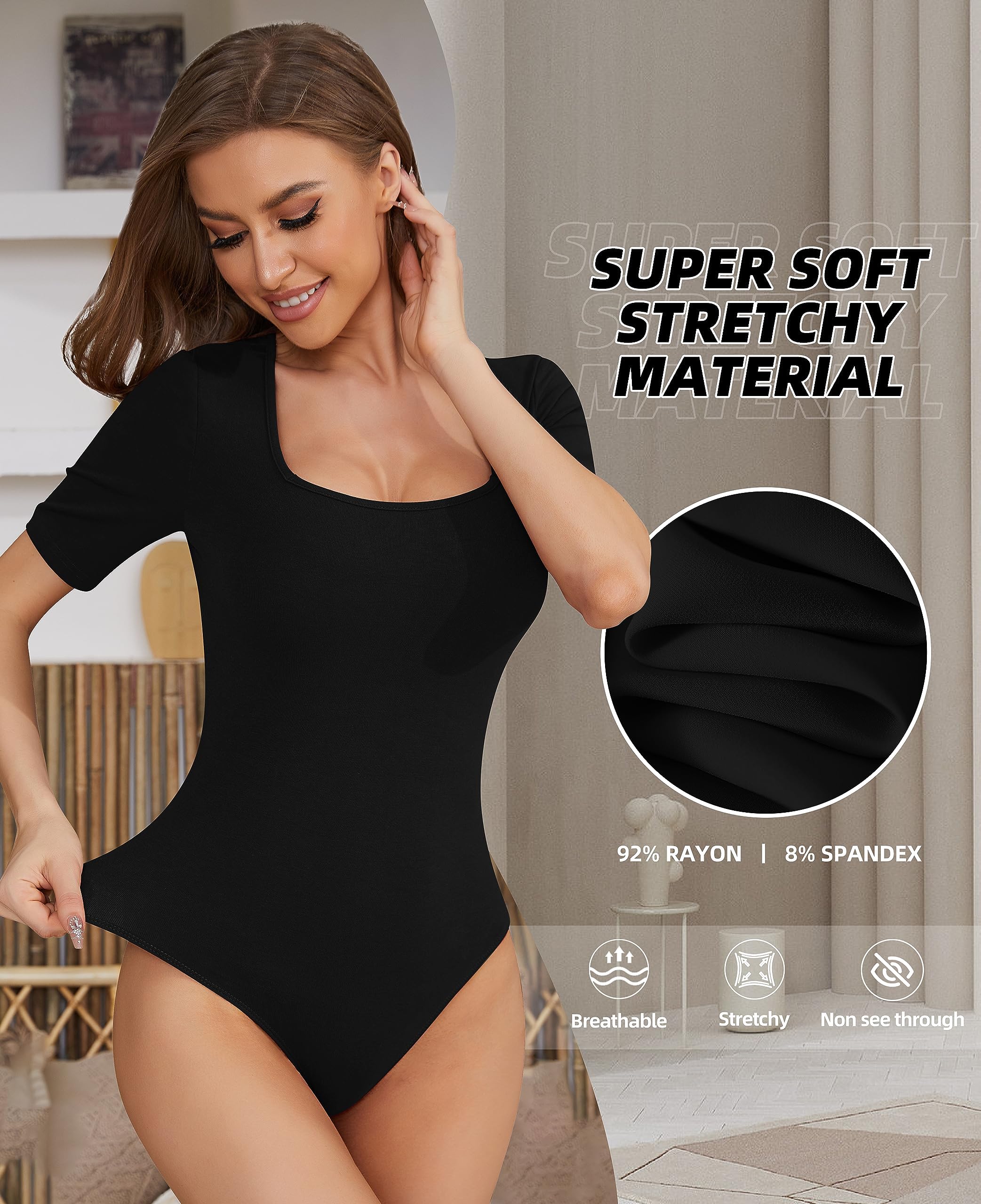 TQD Women's Square Neck Bodysuit - Short Sleeve Stretchy T-Shirt Top for Everyday Wear | Perfect for Layering, Office & Casual Outfits