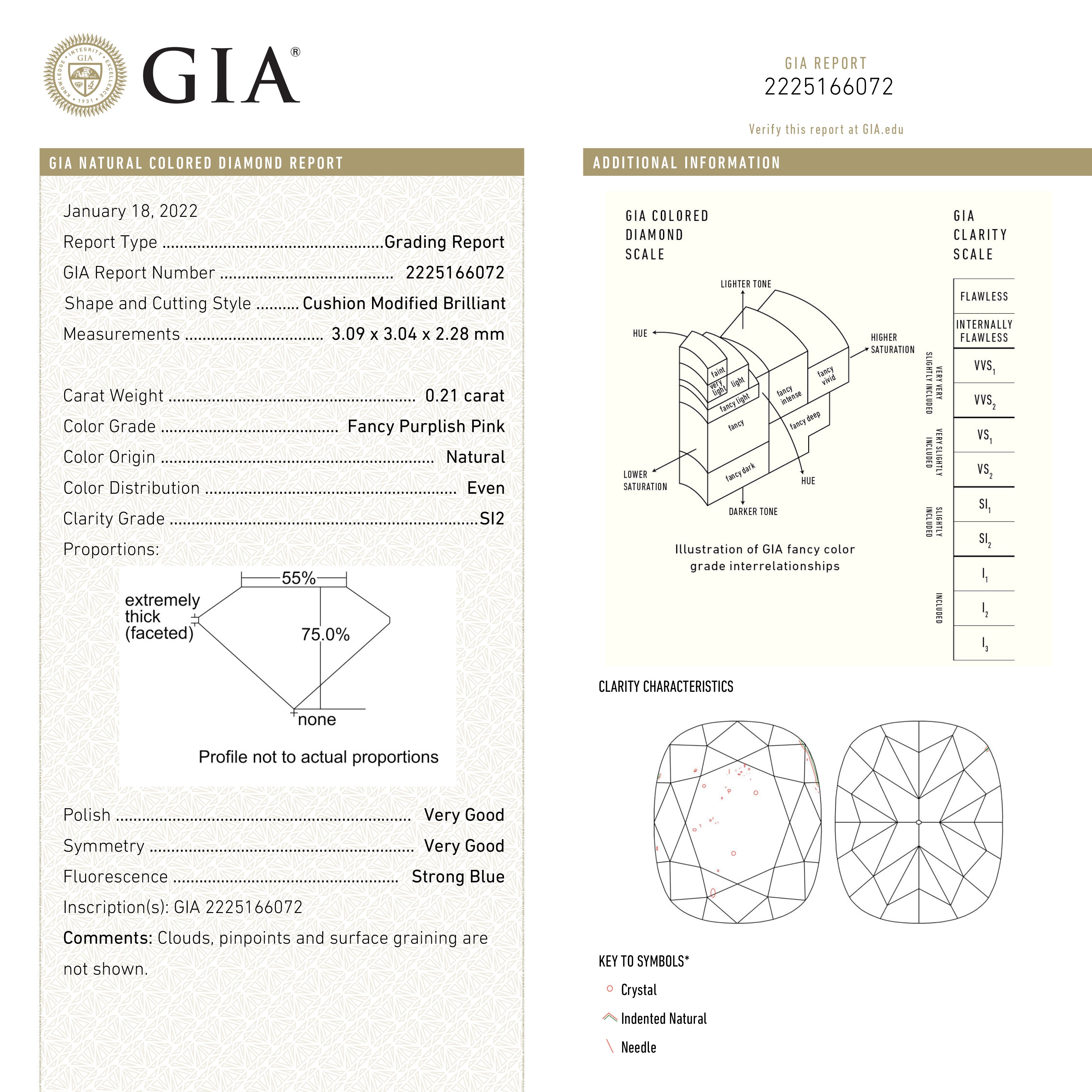 0.21ct GIA Certified Fancy Purplish Pink Cushion Cut Diamond (3.09x3.04x2.28mm) - SI2 Clarity, Ideal for Engagement Rings & Fine Jewelry