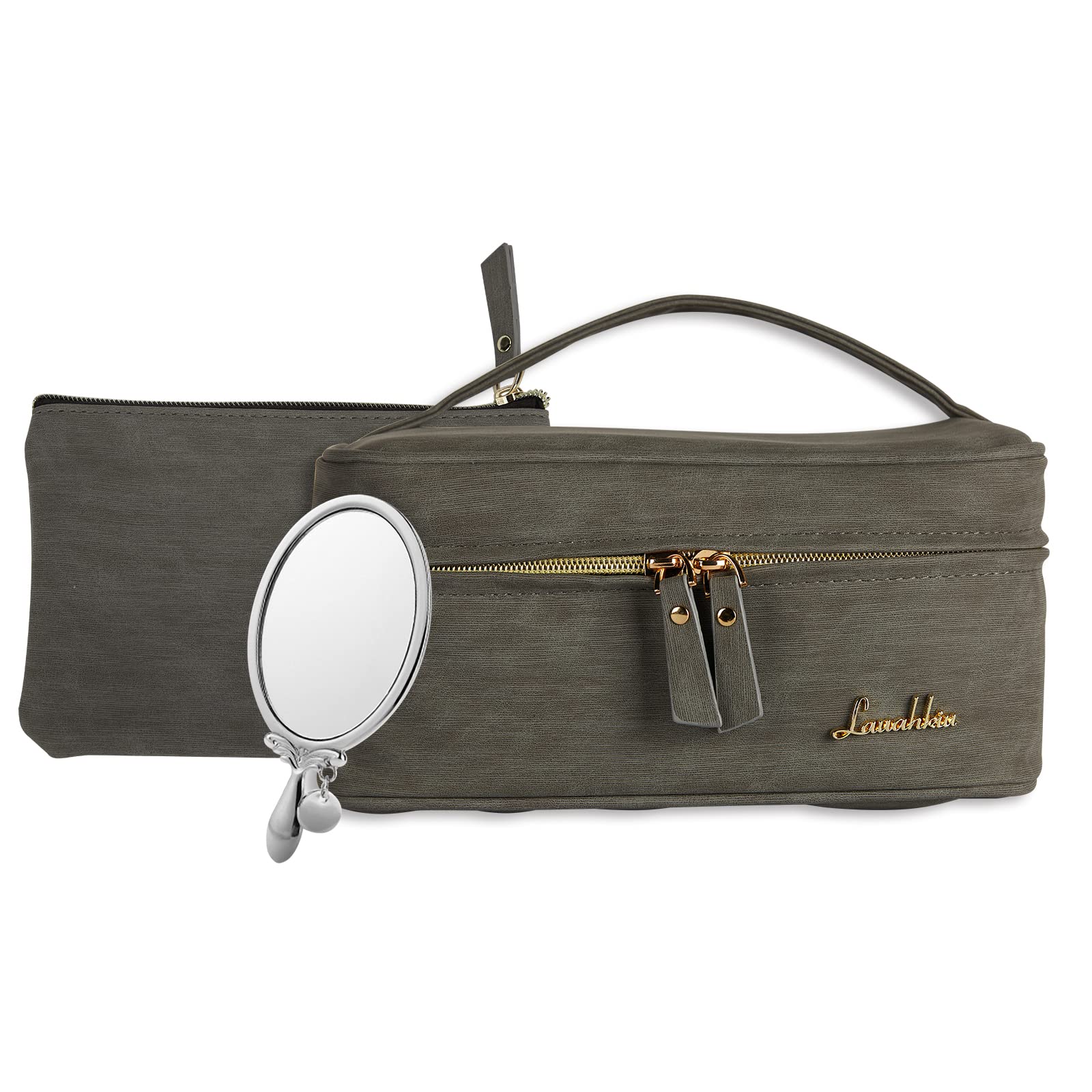 LAUAHKIU Large Travel Makeup Bag for Women - PU Leather Cosmetic Organizer with Mirror - Perfect for Travel, Gym, and Daily Use