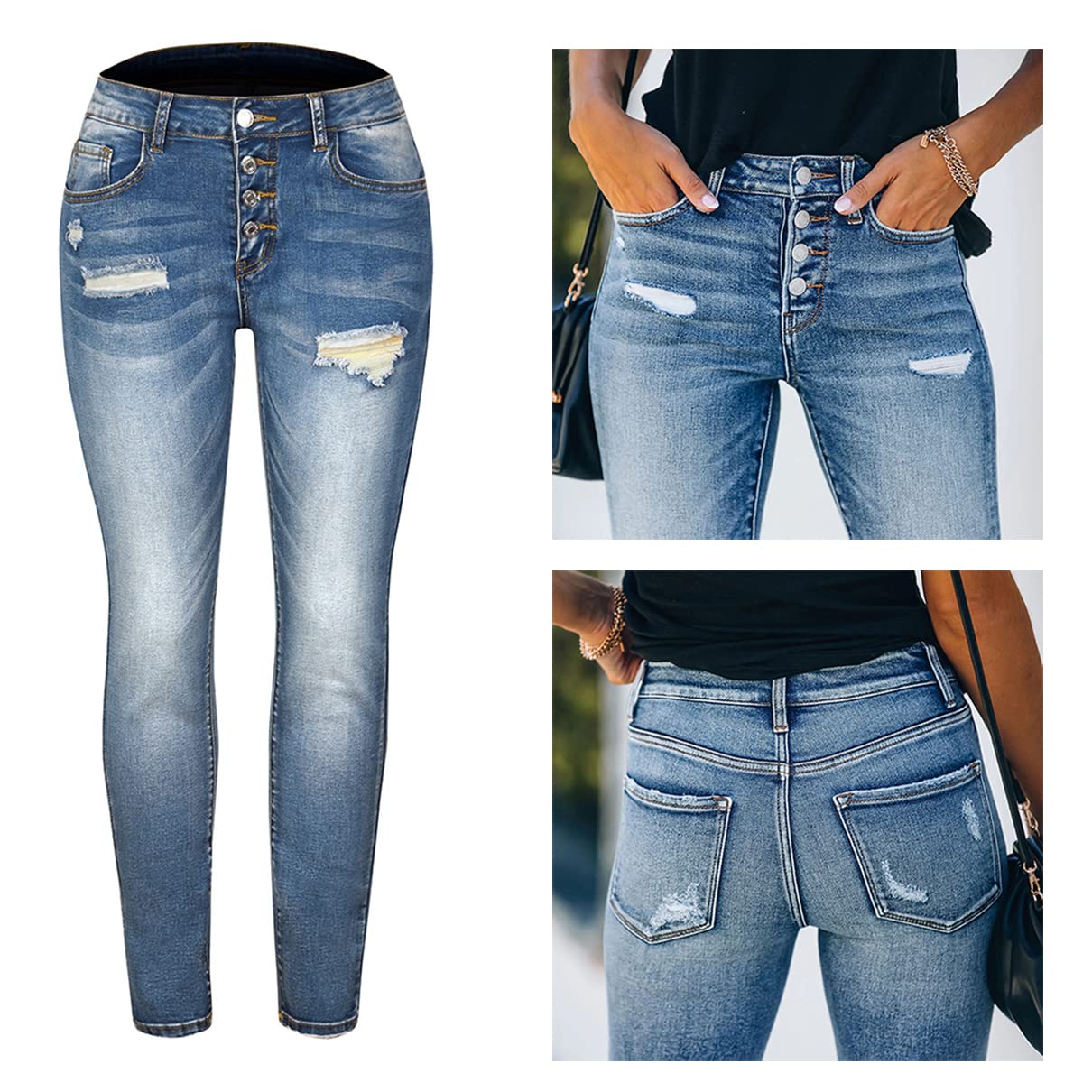 Women's Ripped Skinny Jeans - High Stretch Slim Fit Ankle Denim Pants for Casual Wear & Night Out | Trendy Distressed Jeans for Women