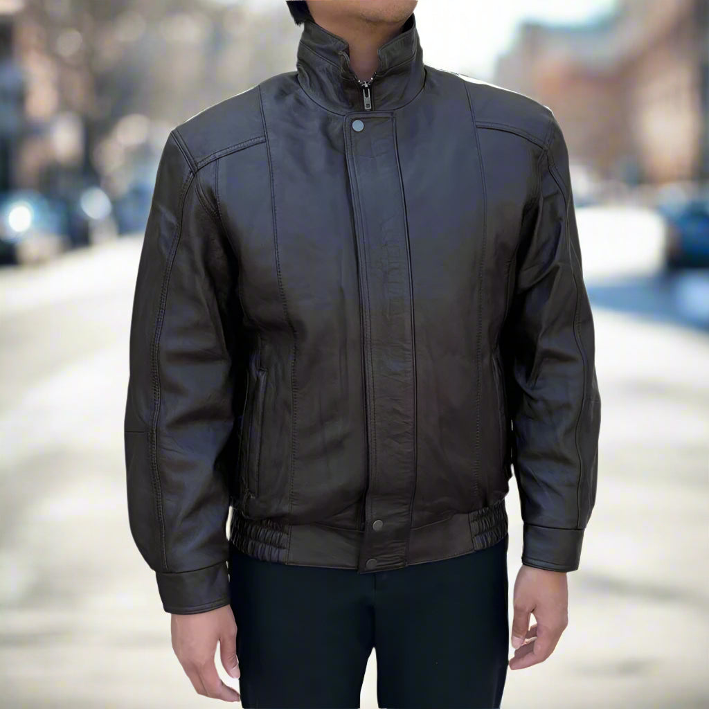 BOL Men's Double Pocket Genuine Leather Bomber Jacket - Stylish & Durable Outerwear for Casual Wear & Motorcycle Riding