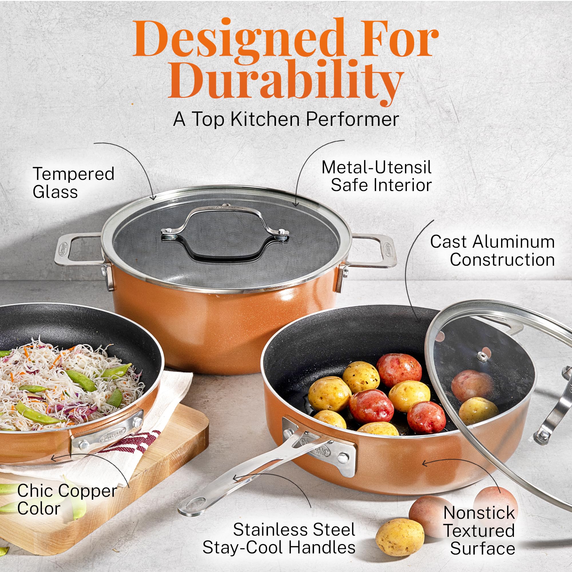 GOTHAM STEEL 10-Piece Copper Nonstick Cookware Set - Non-Toxic, Oven & Dishwasher Safe Pots and Pans with Frying Pan - Space Saving Kitchen Cookware for Baking, Frying & Everyday Cooking