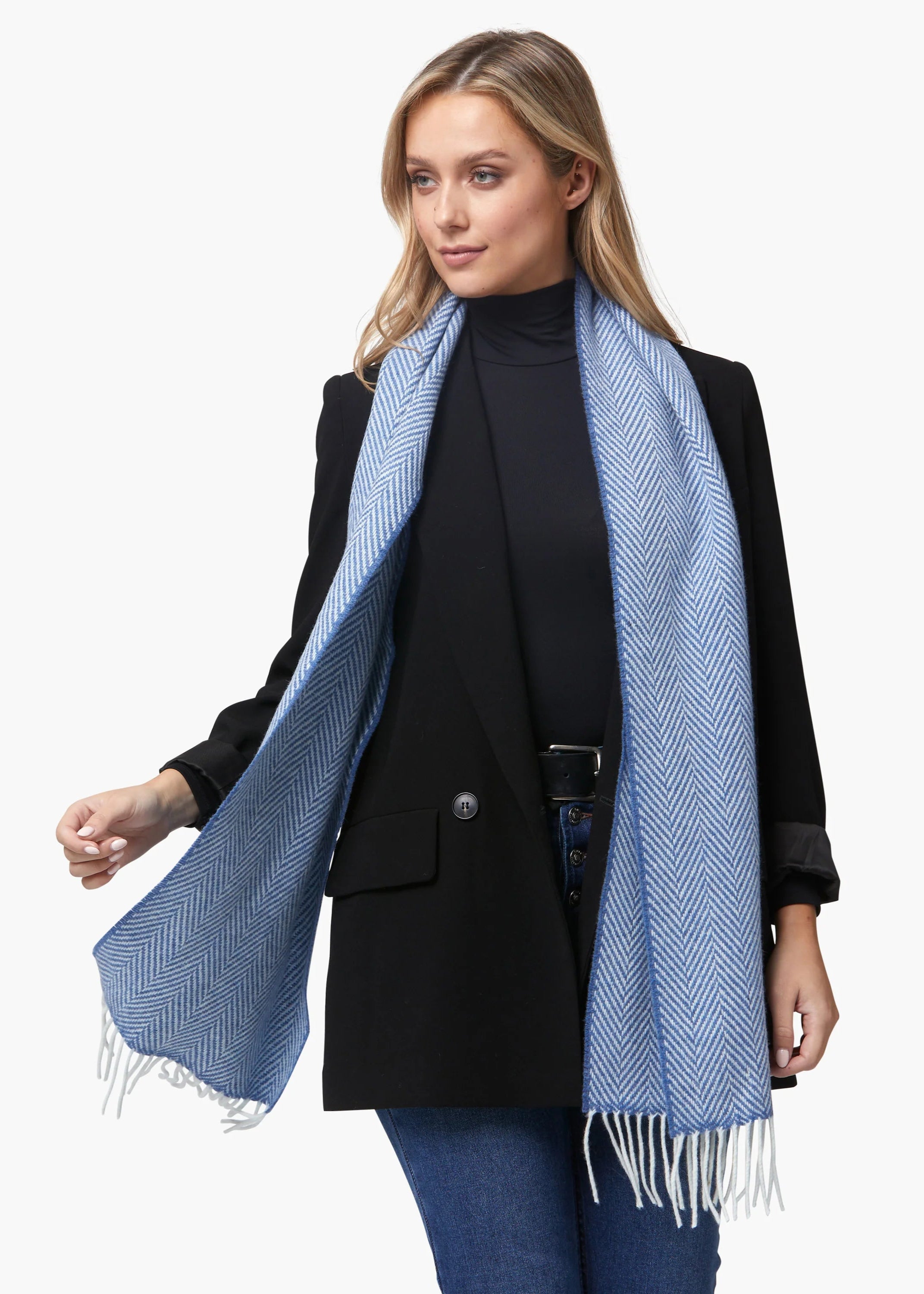 Foxford Merino Cashmere Scarf - Soft Winter Wrap for Women & Men, Blue Herringbone Pattern, Luxury Warm Accessory for Cold Weather, Travel & Outdoor Activities