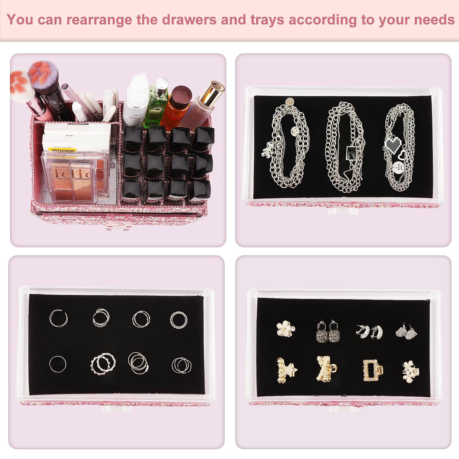 KEYPOWER Bling Diamond Makeup Organizer Drawer Set - 2 Piece Pink Cosmetic Storage Box with Jewelry Display & Brush Holder | Handmade for Vanity, Bathroom, or Dresser Countertop Organization