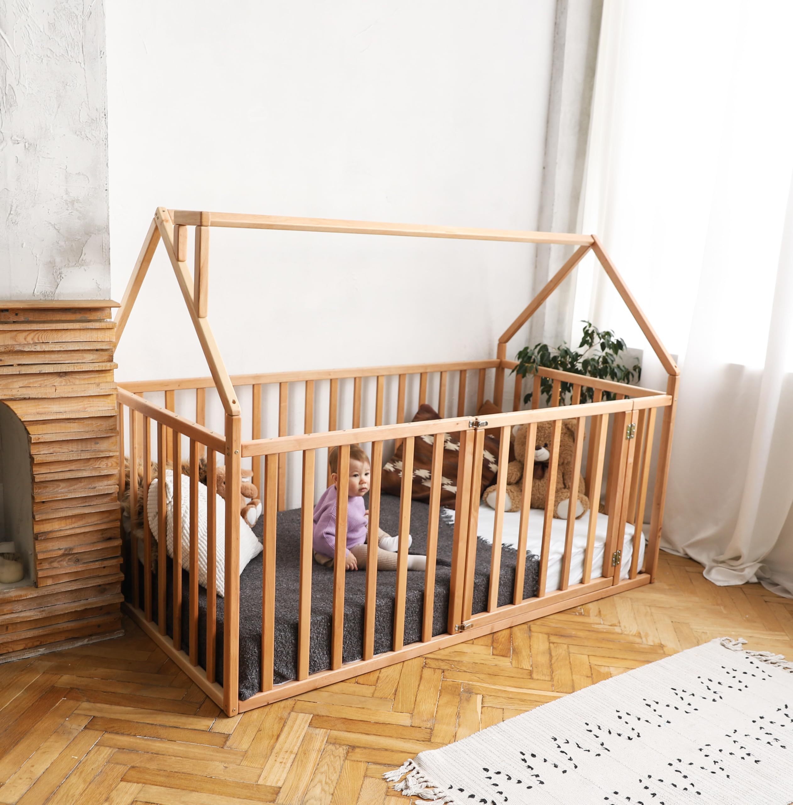Montessori Floor Bed for Toddlers - Full & Queen Size Toddler Bed with Safety Rails - Solid Wood Frame - Kids Room, Daycare, Nursery - Model 21