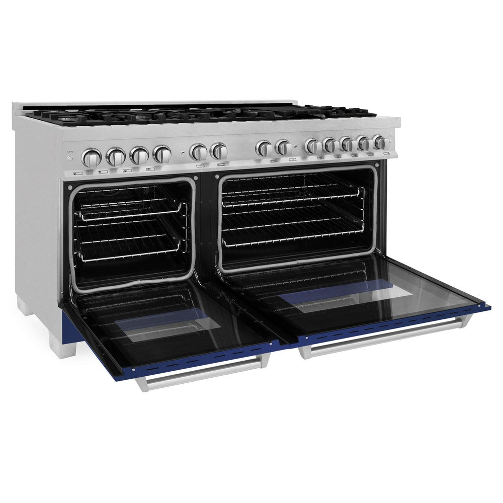 ZLINE 60-Inch 7.4 cu.ft Dual Fuel Range with 9-Burner Gas Cooktop & 2 Electric Convection Ovens - Satin Stainless Steel with Blue Matte Doors (RAS BM 60) for Professional Home Kitchens and Gourmet Cooking
