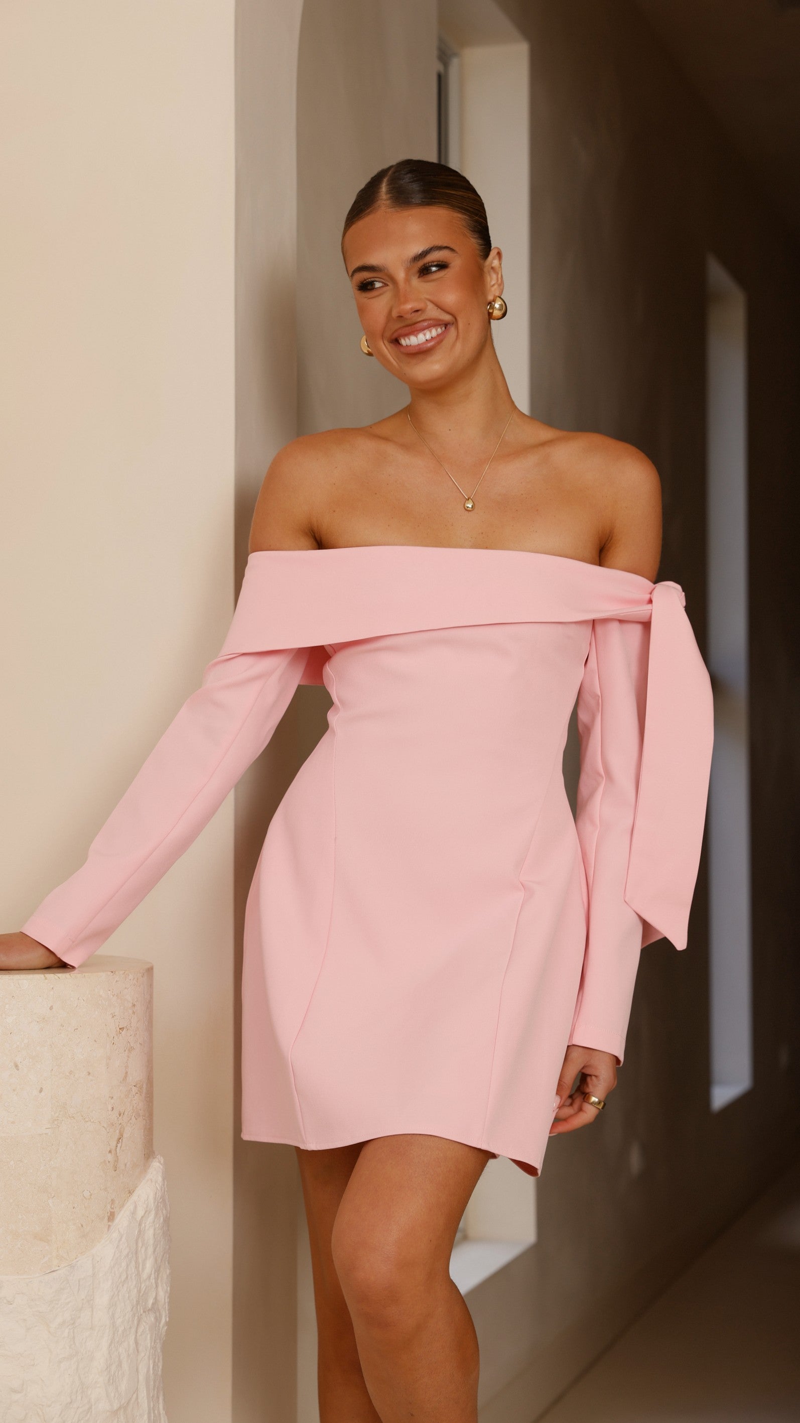 Halen Women's Long Sleeve Mini Dress in Pink - Flattering Party & Date Night Outfit for Fall/Winter Fashion
